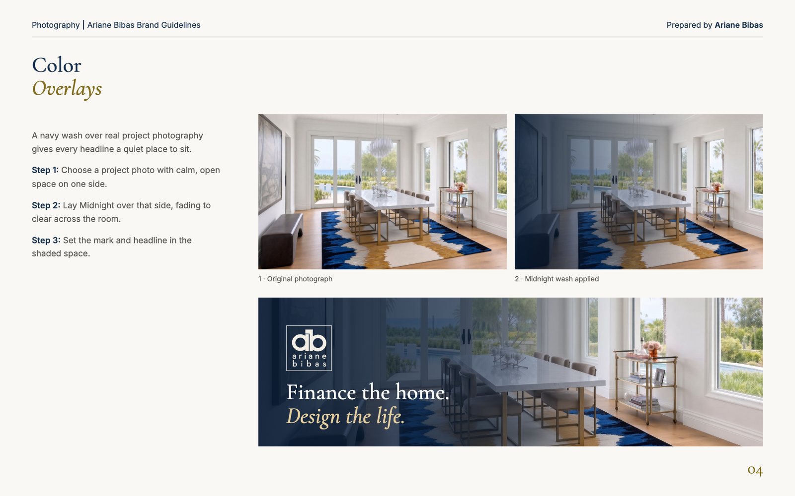 Color overlays: a dining room photo, the navy wash, and the finished headline layout