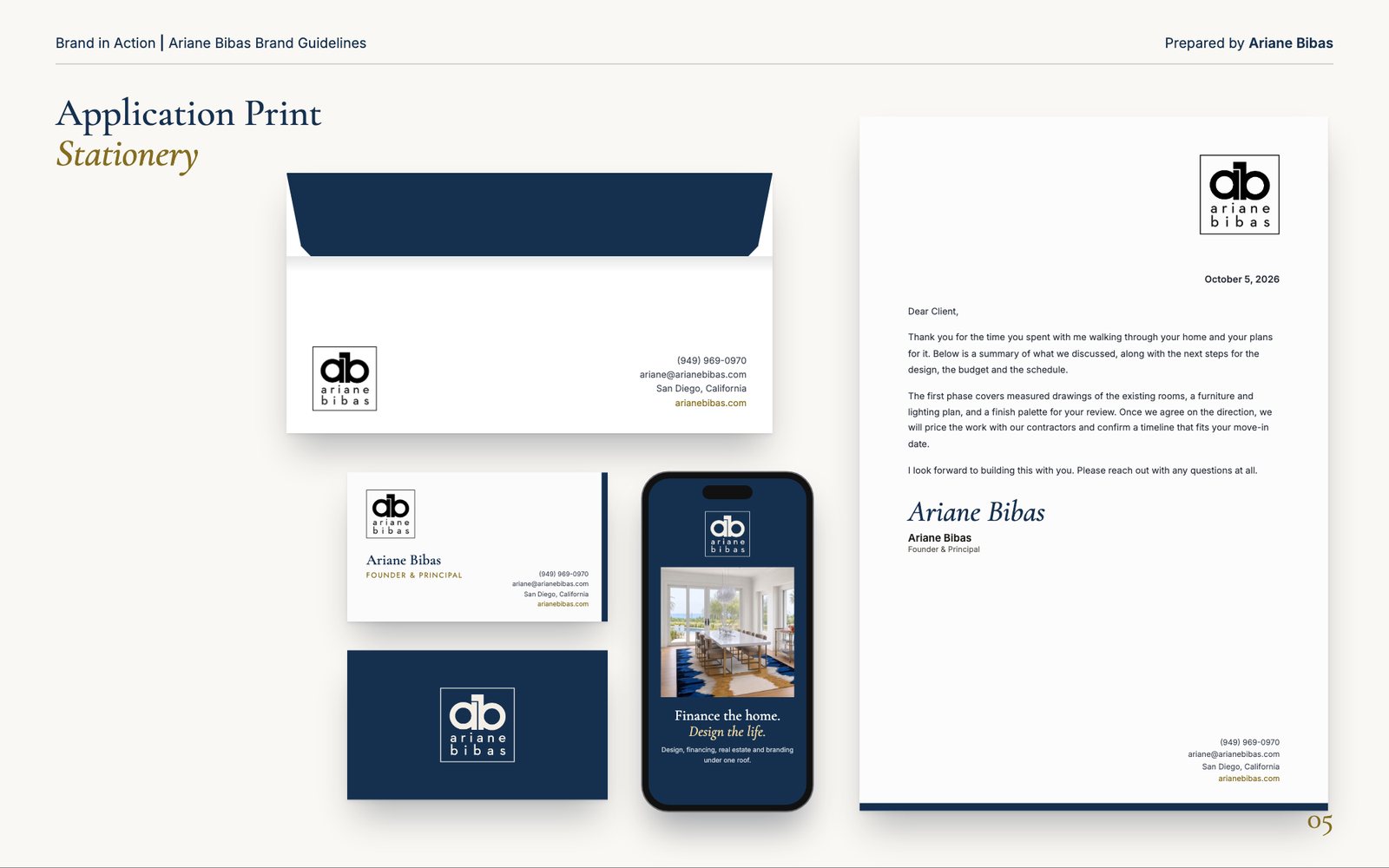 Stationery: envelope, letterhead and business cards in the Ariane Bibas brand