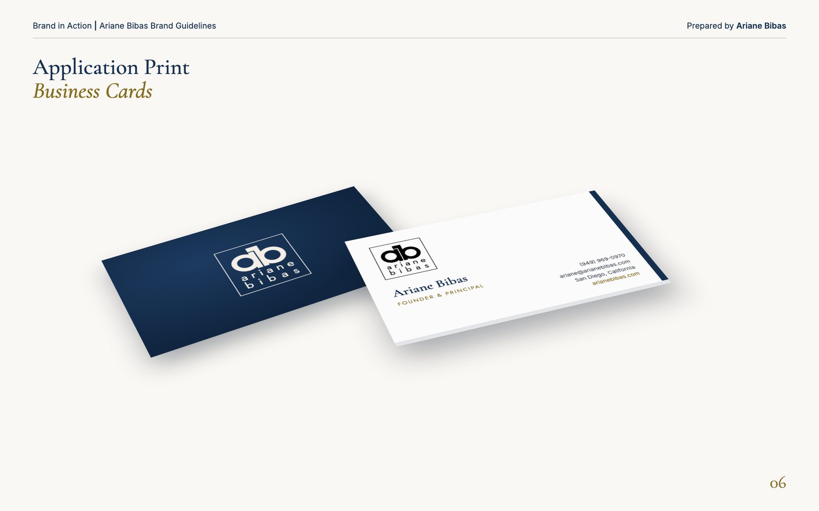 Business cards: a navy card and a white card with a navy edge, shown in perspective