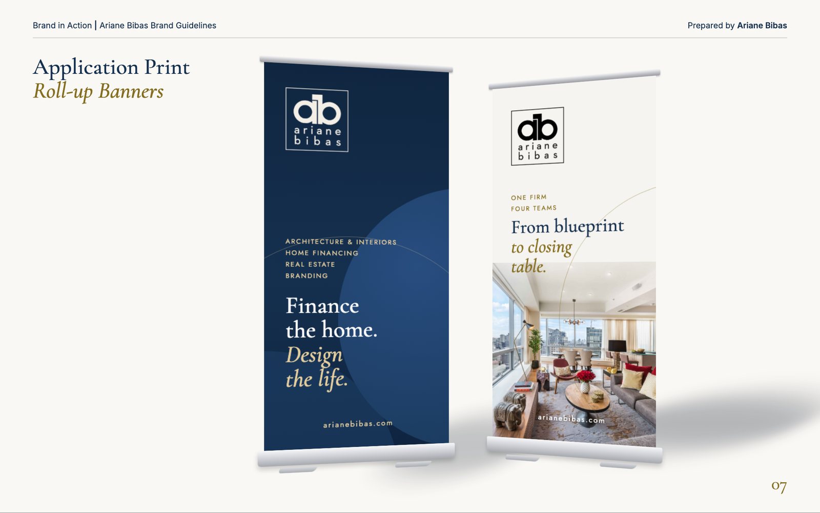 Signage: two roll-up banners, one navy and one with a project photo, standing at an angle with soft shadows
