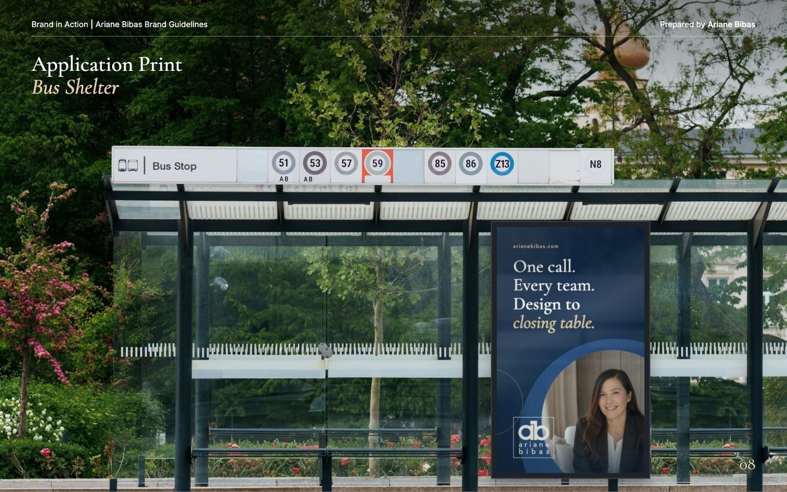 Bus shelter advertising: a lit navy poster with Ariane and the ab mark inside a glass bus shelter