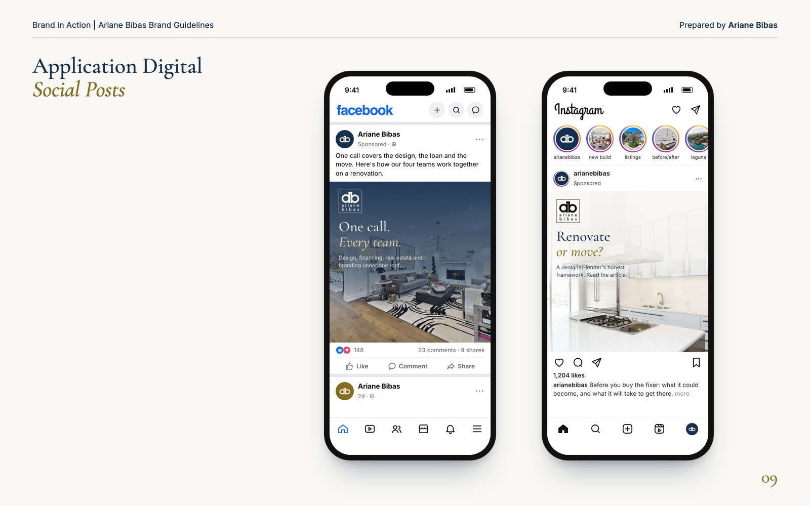 Social posts: a Facebook feed and an Instagram feed, each showing a branded Ariane Bibas post