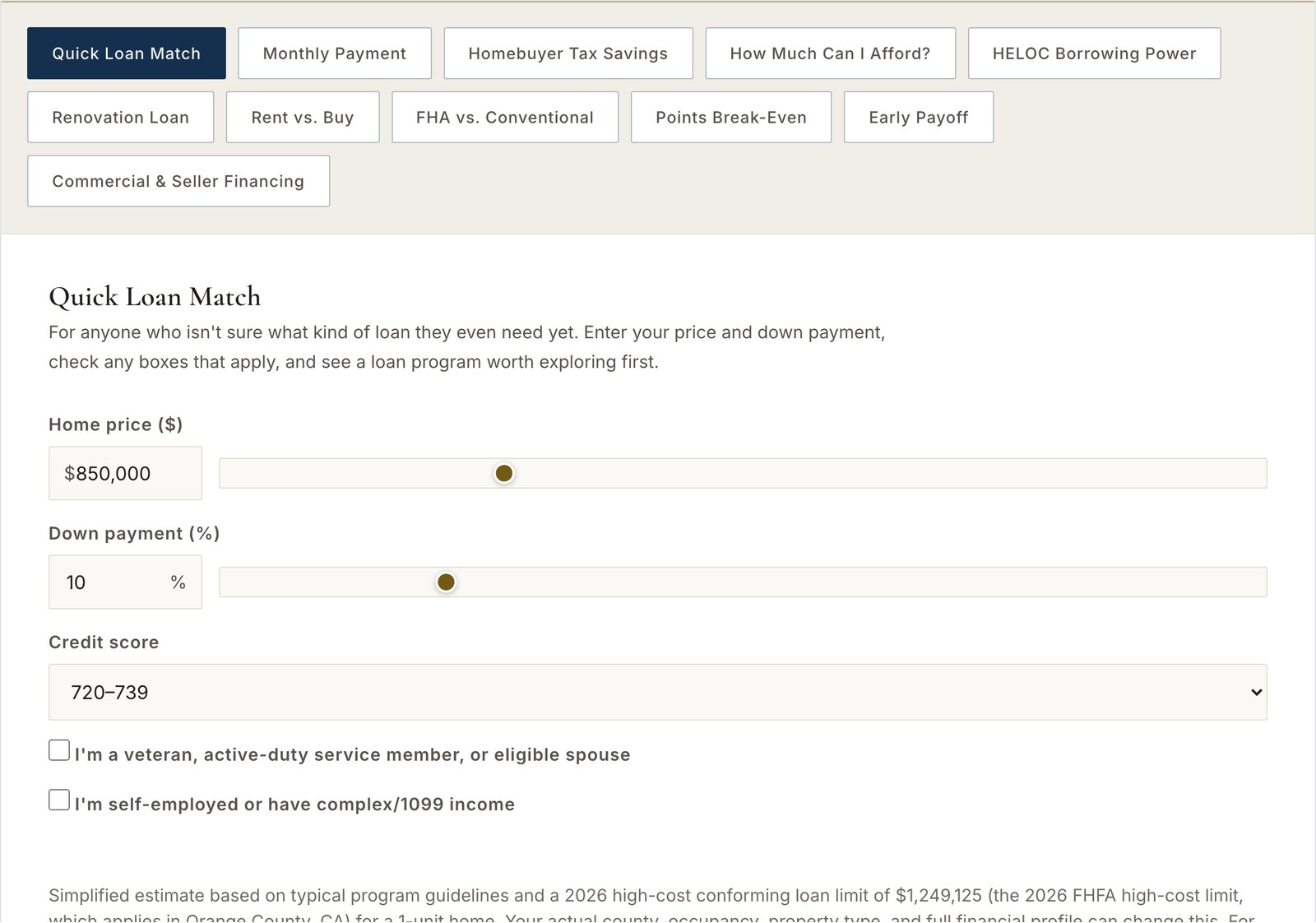 The loan calculators: eleven tabs including Quick Loan Match, Monthly Payment, HELOC Borrowing Power and Renovation Loan, with a sample result