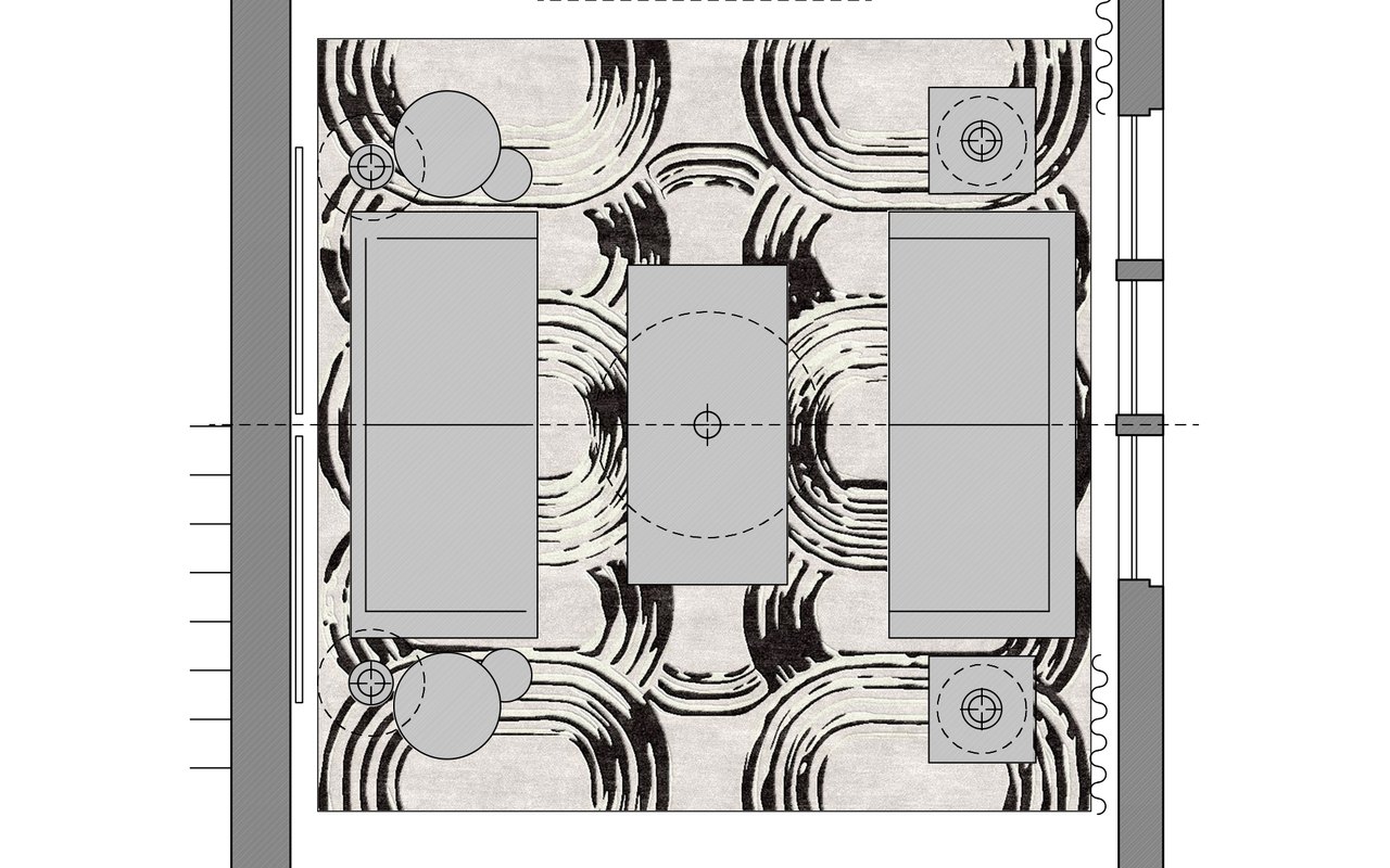 Ariane's furniture plan of the same living room, with the custom rug