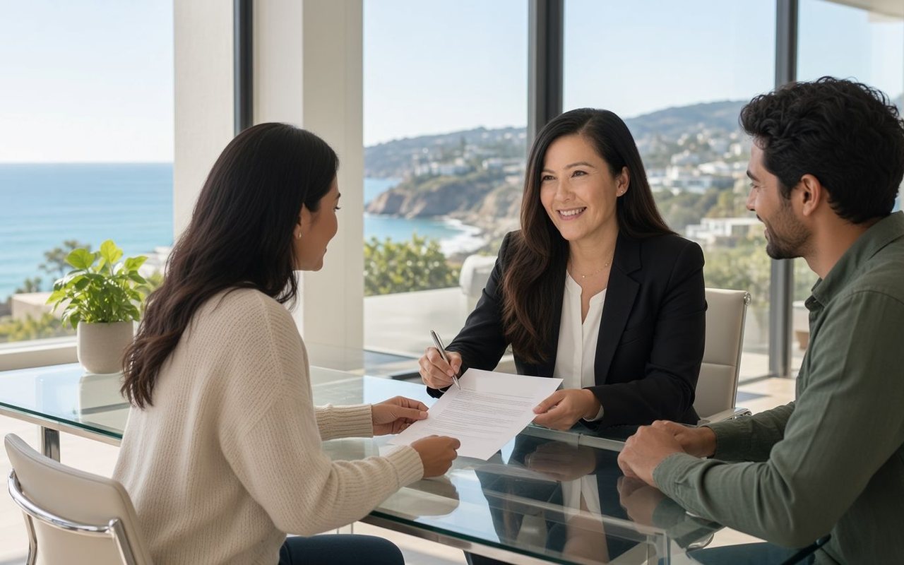 Illustration: a loan officer reviewing options with two clients at a table overlooking the coast
