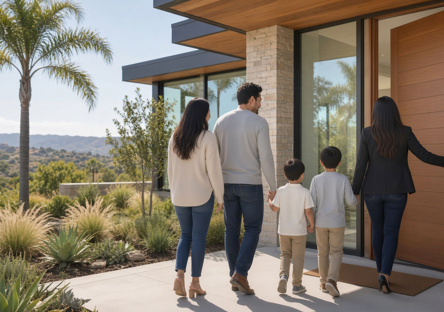 A family walking up to the entry of a modern California home