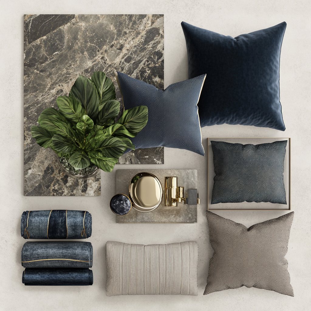 Materials palette: dark marble, navy velvet and woven pillows, brass accessories and greenery