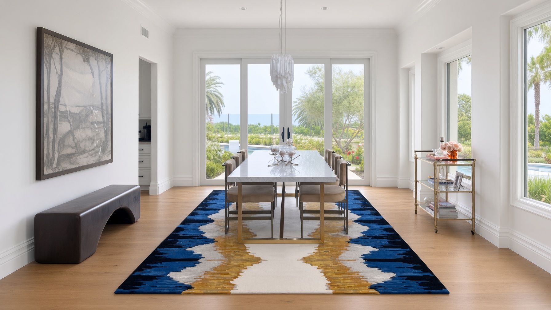 Newport dining room with a blue and gold rug