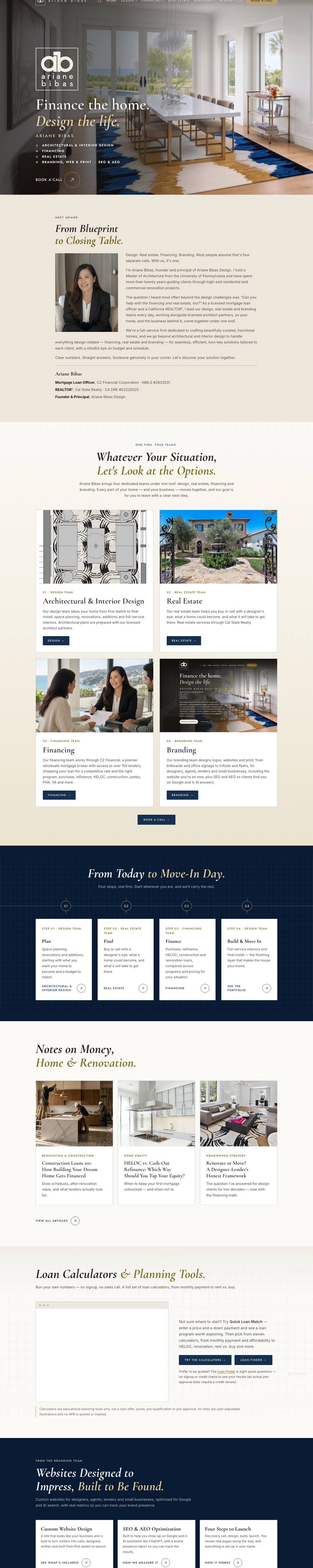 The homepage of this website, designed and built by Ariane Bibas, scrolling on a laptop